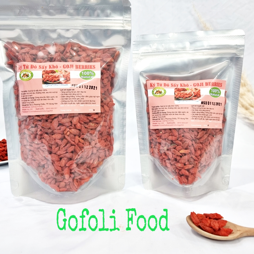 Kỷ tử đỏ sấy khô GOFOLI loại 1, kỷ tử ngọt, quả to, khô, dẻo 250g size vừa/ Goji berries, class 1, medium size, dried, natural sweet, high quality
