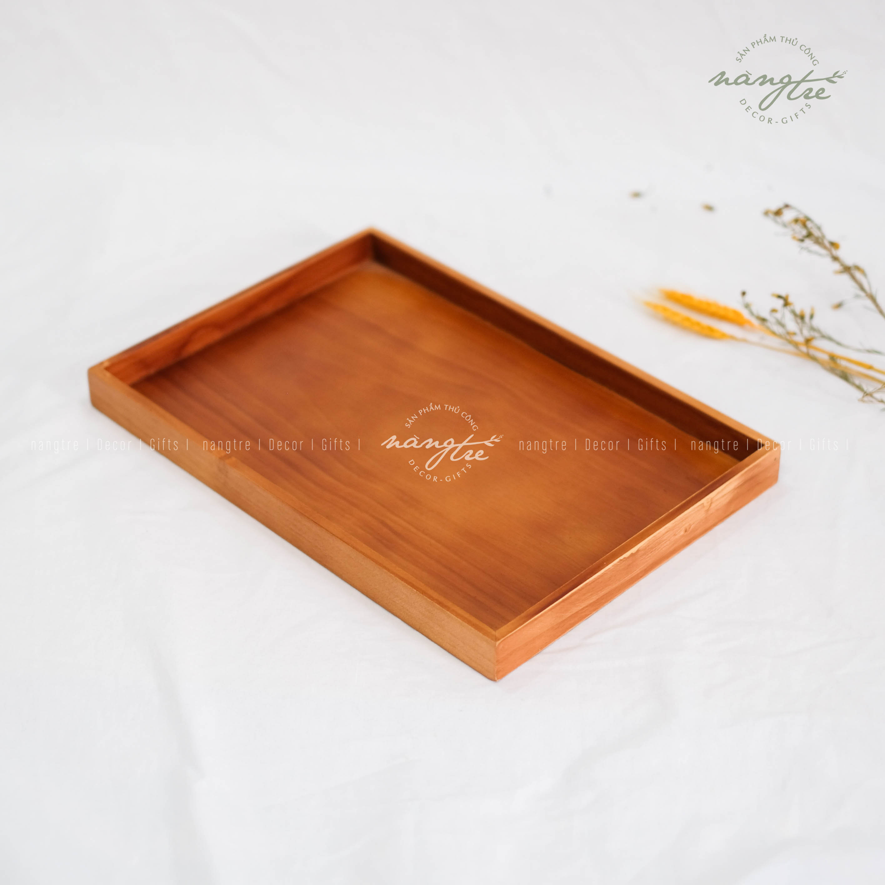 Khay gỗ chữ nhật đa năng nâu vintage