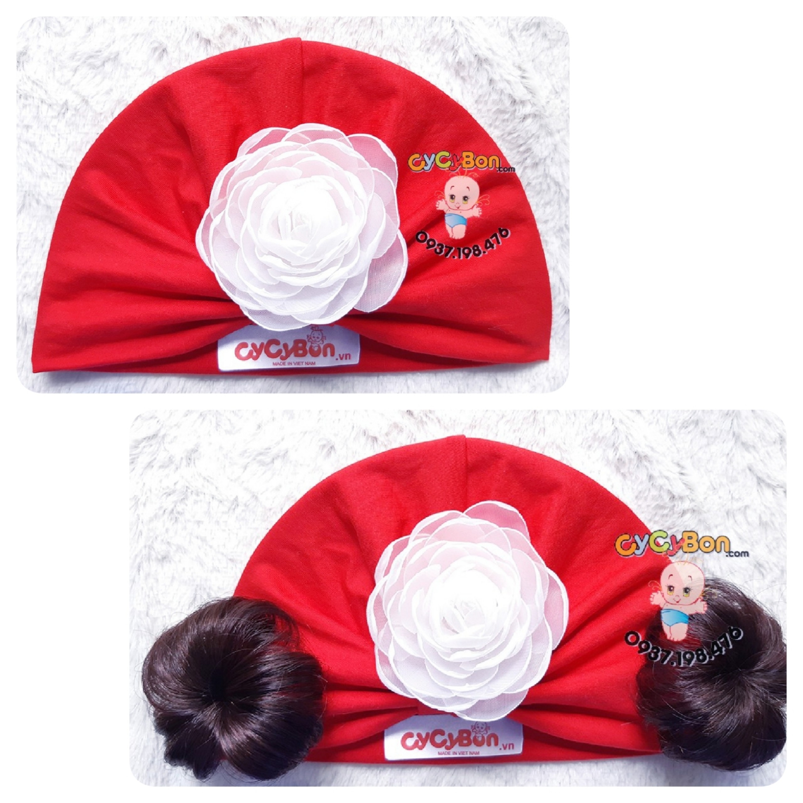 Mũ Nón Turban Tóc Giả Cho Bé Gái Màu Đỏ Đính Bông Hồng Trắng Chất Vải