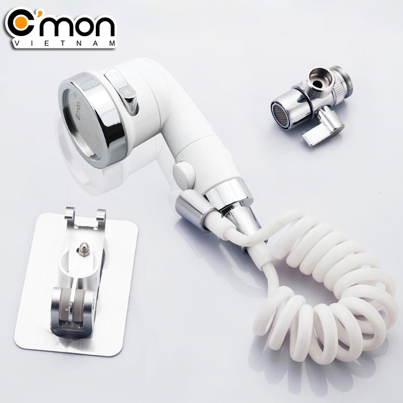 Combo Bộ tay sen tăng áp có nút khóa nước, với 3 chế độ nước C'mon TS-07 + phụ kiện nối vòi lavabo C'mon AO-01