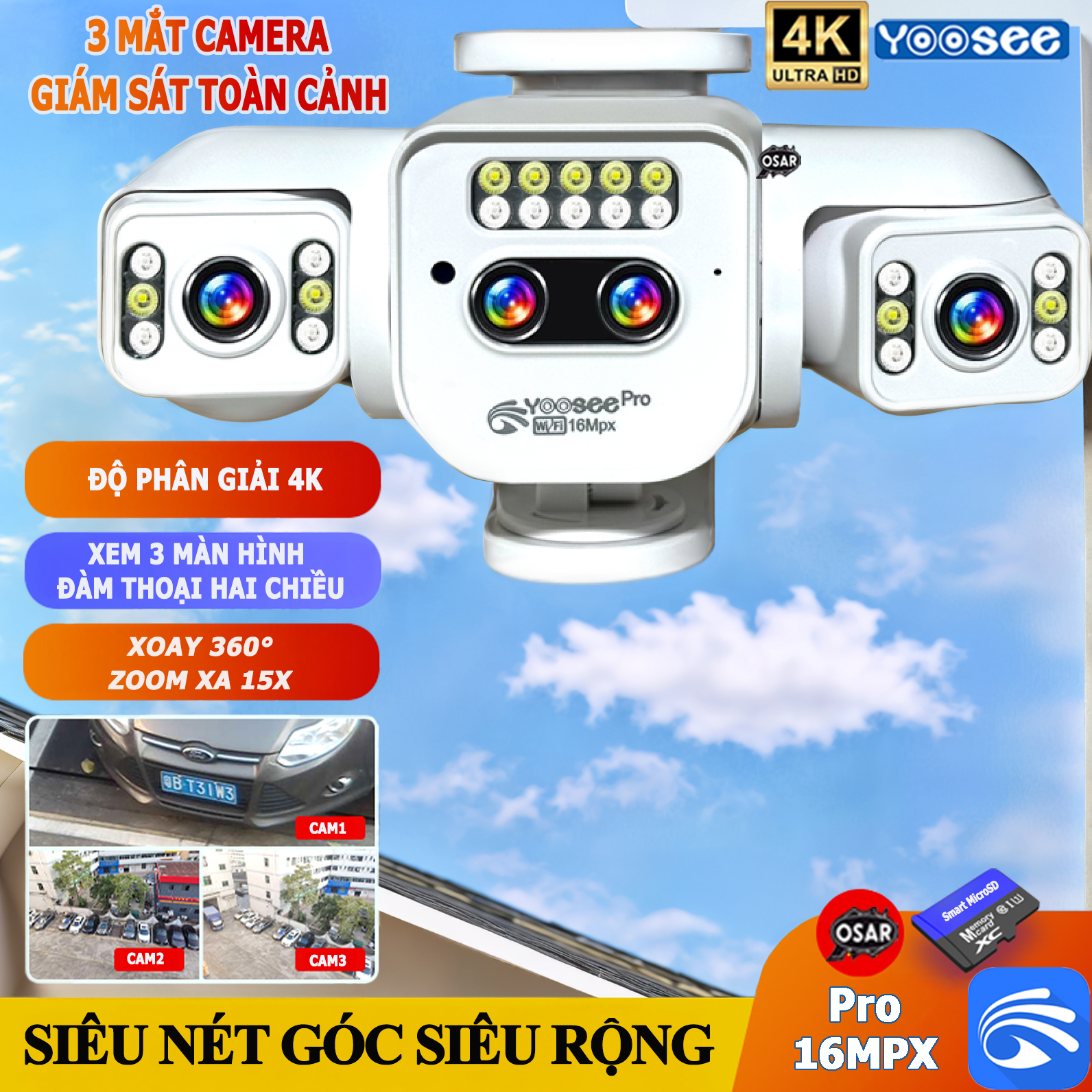 Camera IP Wifi Thân YooSee 3 Mắt Pro 12.0MPx, Độ Phân Giải 4K(4096x2160),Siêu Nét, 3 Mắt Xoay Tay 360, Ban Đêm Màu