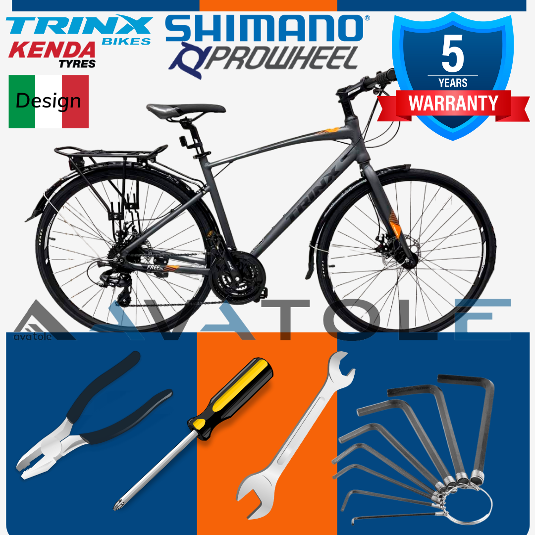 Xe đạp touring 2023 trinx free 2.4, khung sườn hợp kim nhôm cao cấp size 47, bộ truyền động shimano tourney 24 tốc độ, sẵn có baga + vè chắn bùn, bánh xe 700x32c, màu cam xám