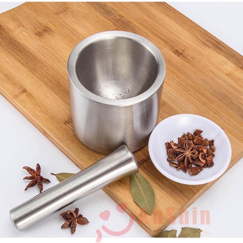 Bộ chày cối inox 304 -trọn đời không han gỉ - bảo vệ sức khỏe cho người sử dụng-Chày cối inox sáng bóng bền đẹp - Chày giã nghiền thực phẩm tỏi tiêu ĐA NĂNG