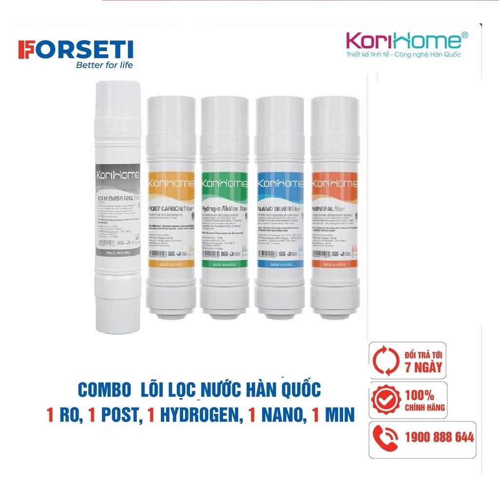 Combo 5 lõi lọc korihome màng Ro, post cacbon, nano sliver, hydrogen alkaline, Mineral Korihome