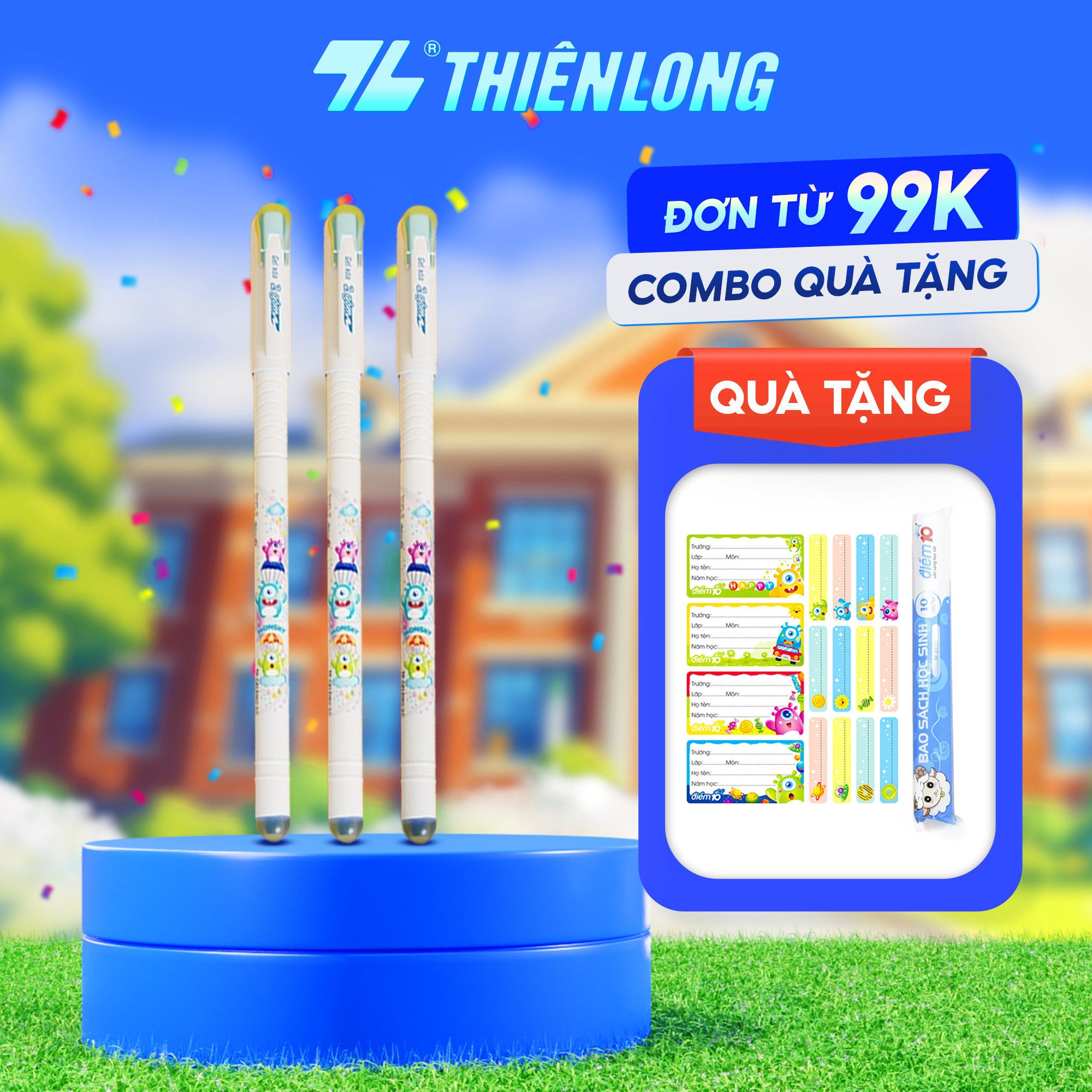 Combo 20 Bút Gel xóa được Thiên Long TP-GELE002 ngòi 0.5mm mực xanh/tím/đen có nắp đậy, mực chất lượ