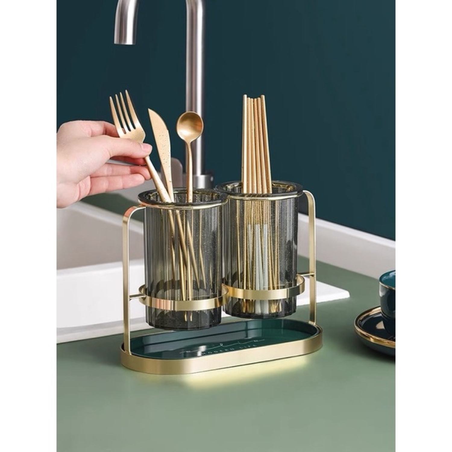 Ống đũa, muỗng Decor phong cách Bắc Âu kèm khay hứng nước | Giá, kệ, ống cắm đũa trang trí nhà bếp mạ vàng không hoen gỉ