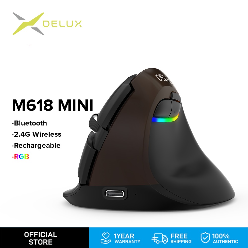 Delux M618 Mini 4.0 2.4GHz dual model Wireless Vertical Mouse 4 Gear DPI RGB Ergonomic Rechargeable Silent click Mice for Office dard golden