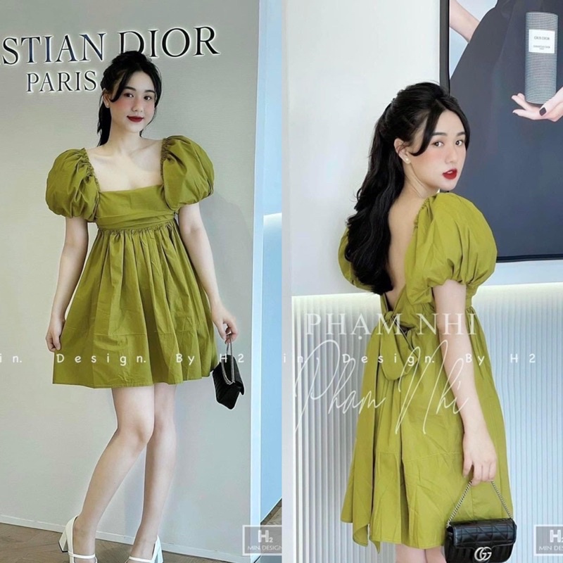 Váy babydoll thô xanh nơ sau tay phồng siêu xinh có ảnh thật kèm video