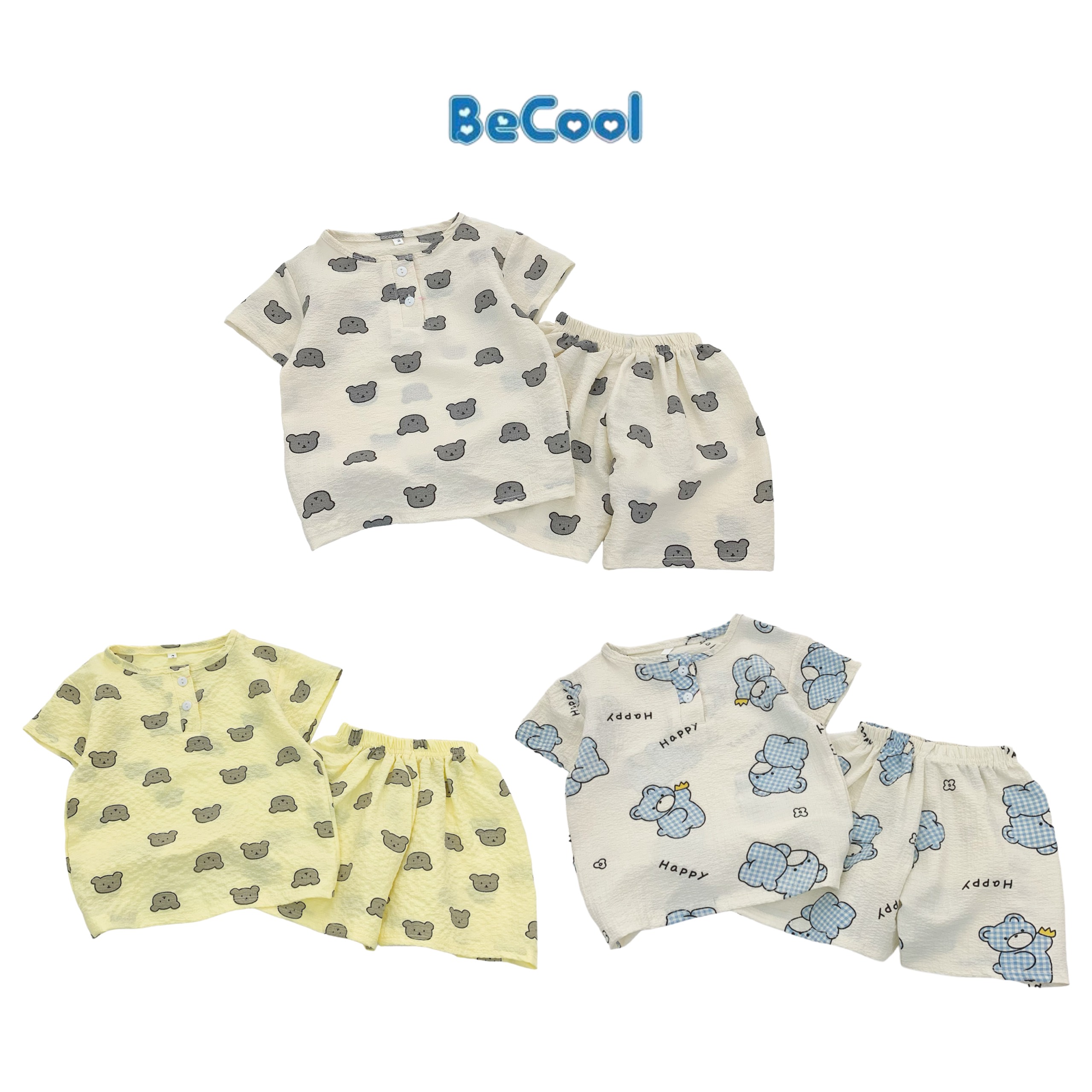 Bộ cộc đũi in chú gấu becool, bộ cộc gấu chất đũi nhăn cho bé từ 8-27kg