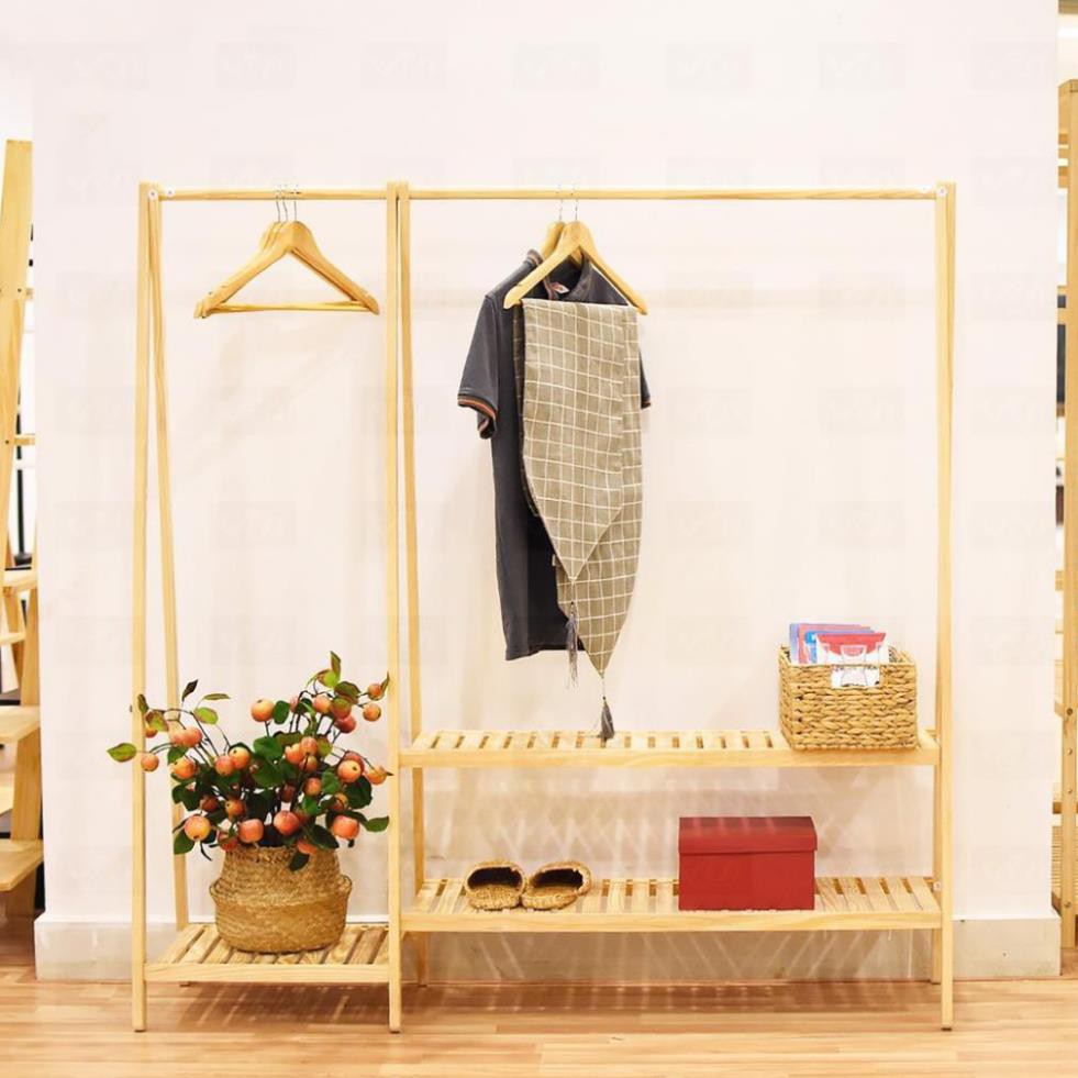 Kệ Giá Treo Quần Áo Gỗ 2 Tầng, Giá Treo Quần Áo Đôi Gỗ Thông Không Mối Mọt, FREE SHIP