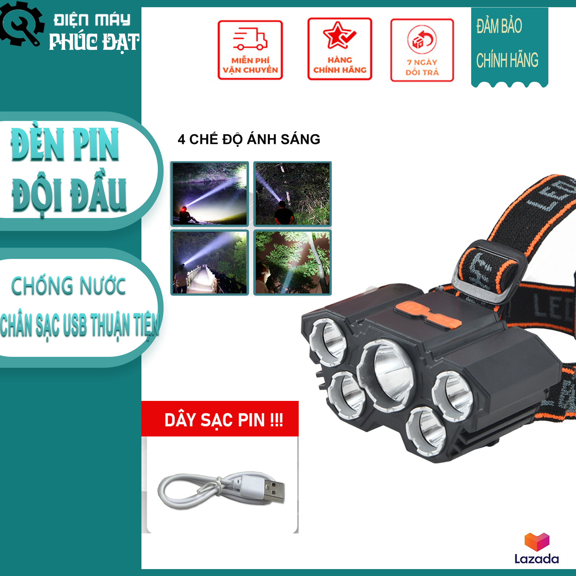 Đèn pin chiếu sáng đội đầu 5 bóng siêu sáng. Đèn đội đầu sạc pin , chiếu sáng xa, nhỏ gọn