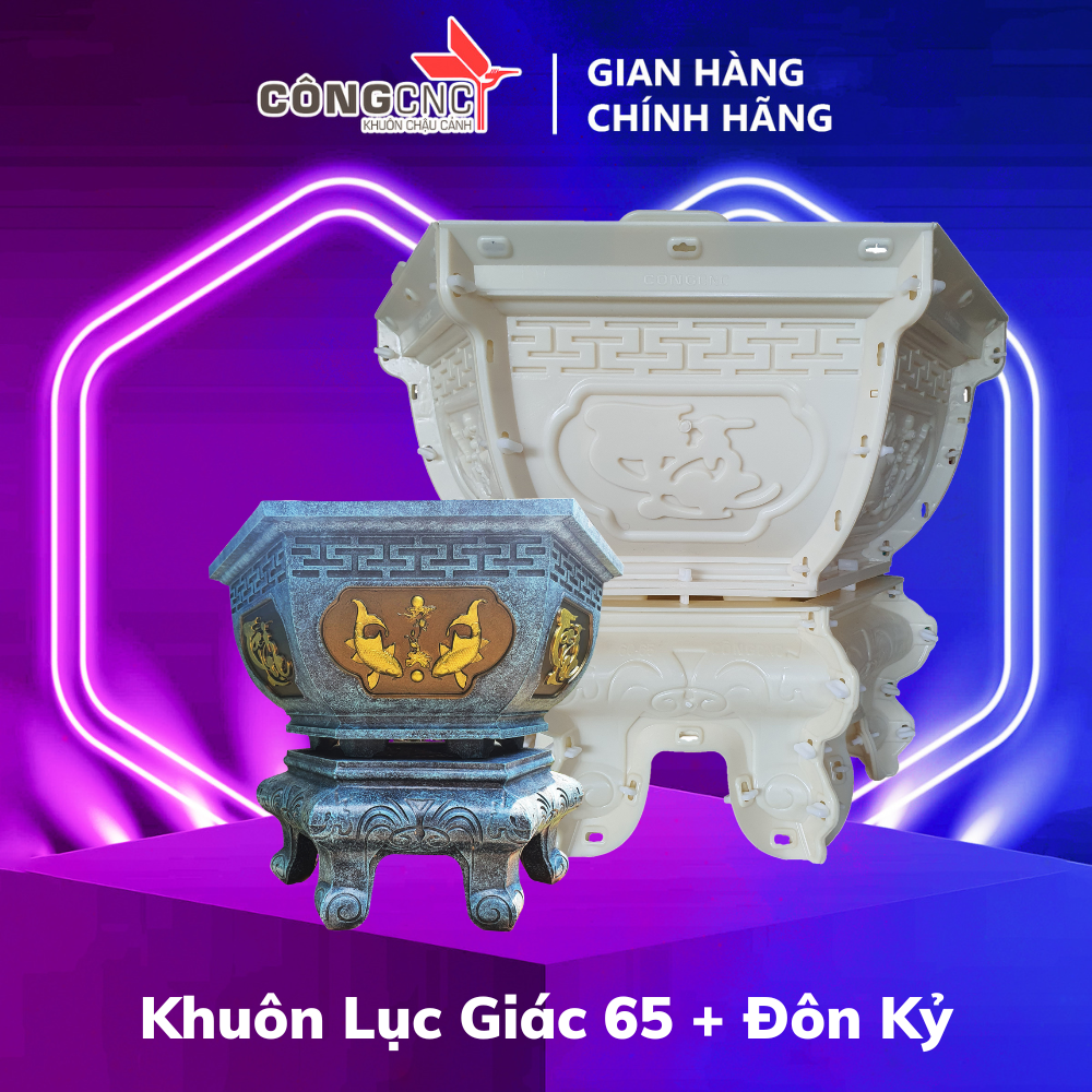 Khuôn Chậu Đẹp Lục Giác 65 Phúc Lộc Thọ + Khuôn Chân Đôn Kỷ 65