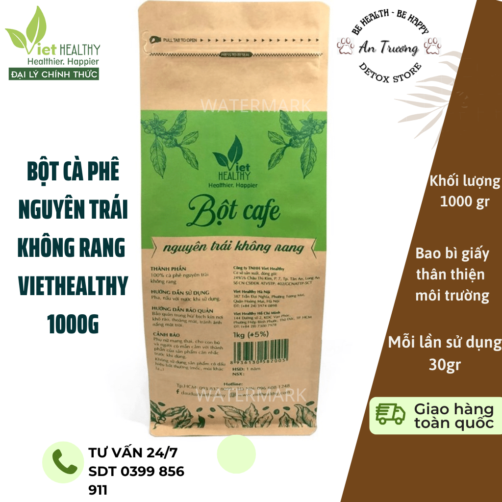 [GIÁ SỐC] Bột cafe nguyên trái, không rang Enema VietHealthy -  1kg chính hãng