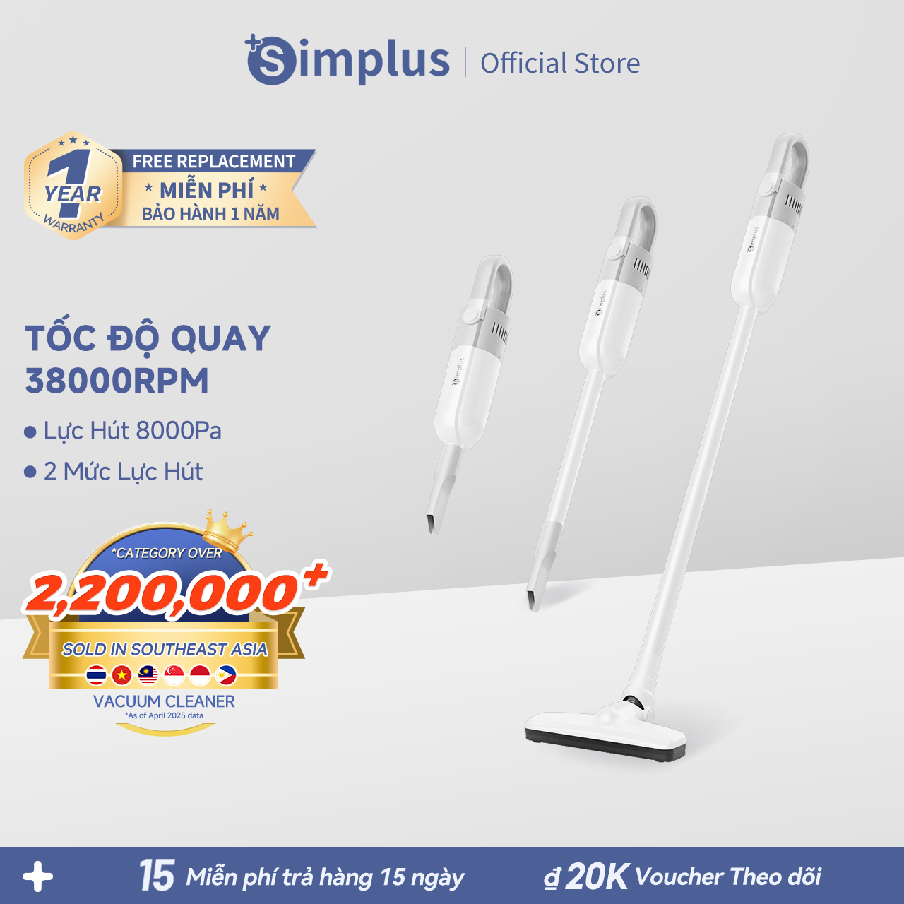  Simplus Máy hút bụi không dây gia dụng 9000PA 3 lớp lọc hiệu quả sạc Type-C XCQH012- Bảo hành 1 năm 1 đổi 1 