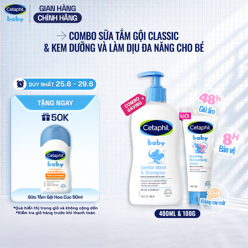 Combo Sữa tắm gội dịu lành cho bé CETAPHIL BABY GENTLE WASH  SHAMPOO 400ML  Kem làm dịu và dưỡng ẩm cho bé Cetaphil Baby Soothing  Moisturising Cream tuýp 100g