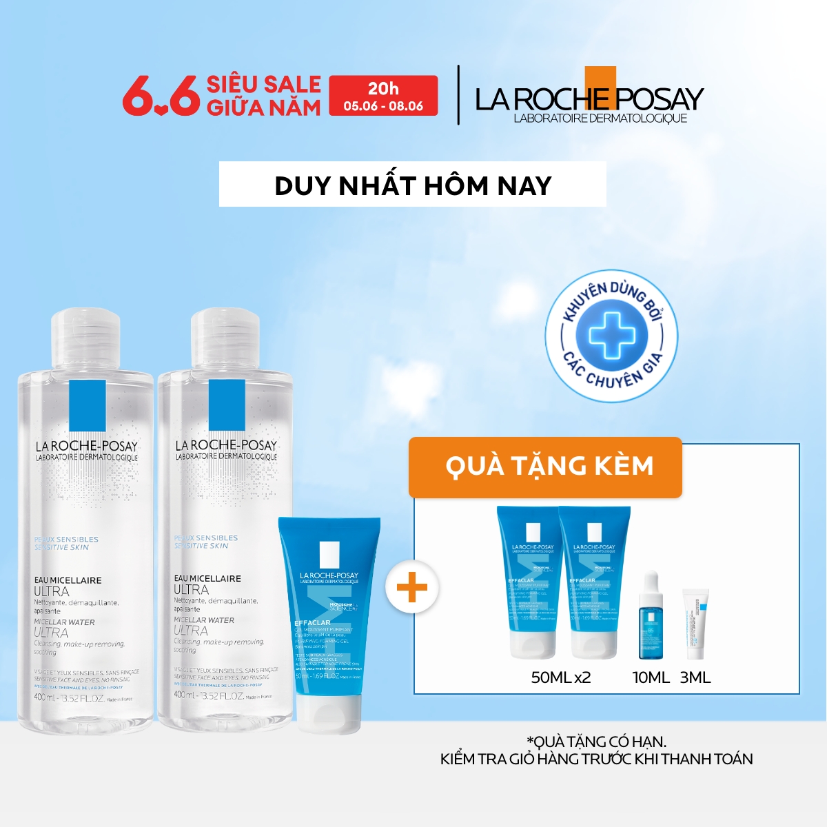 Bộ đôi gel rửa mặt và 2 nước tẩy trang làm sạch sâu cho da nhạy cảm Micellar Water Sensitive Skin 400ml và Effaclar Foaming Gel 50ml
