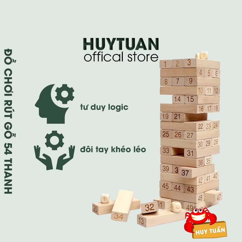 Trò chơi rút gỗ 54 thanh in số cho bé, Bộ đồ chơi rút gỗ 54 thanh kèm 4 viên xúc xắc giúp bé phát triển trí tuệ rèn luyện khả năng tập trung và khéo léo cho bé, Huy Tuấn