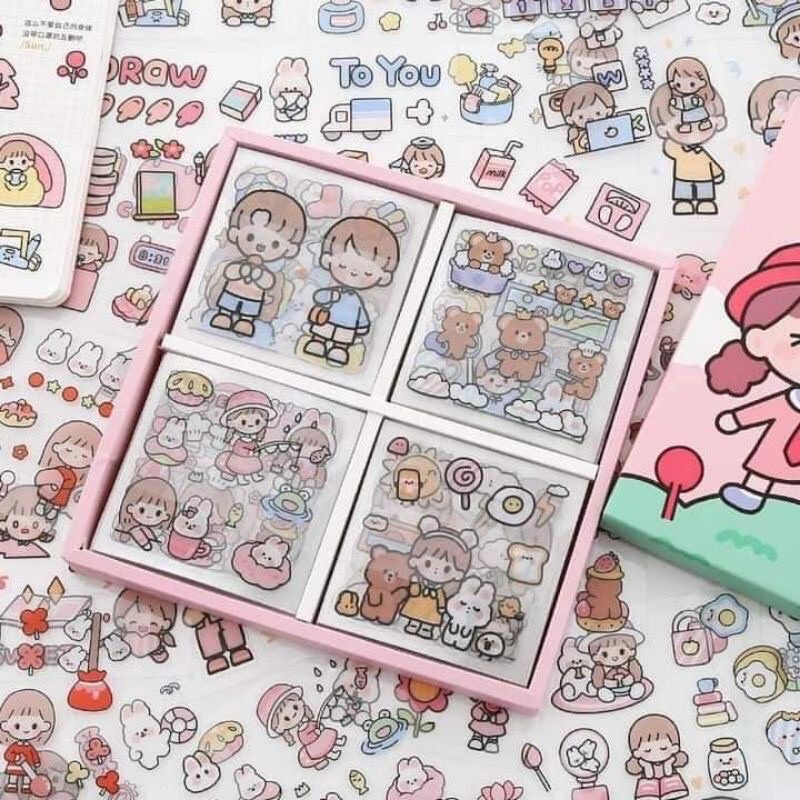 1 miếng sticker telado cô gái và bé thỏ - happy day