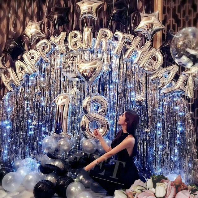 Combo bóng bay trang trí sinh nhật đẹp tông màu vàng-đen, tông màu bạc-ghi - 50 bóng nhũ cỡ lớn + 3 rèm kim tuyến kèm đủ phụ kiện tự trang trí sinh nhật