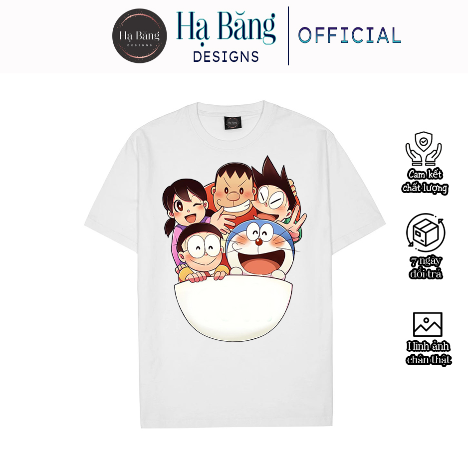 Áo thun cho bé tay ngắn vải cotton màu trắng Hạ Băng Designs - Doraemon