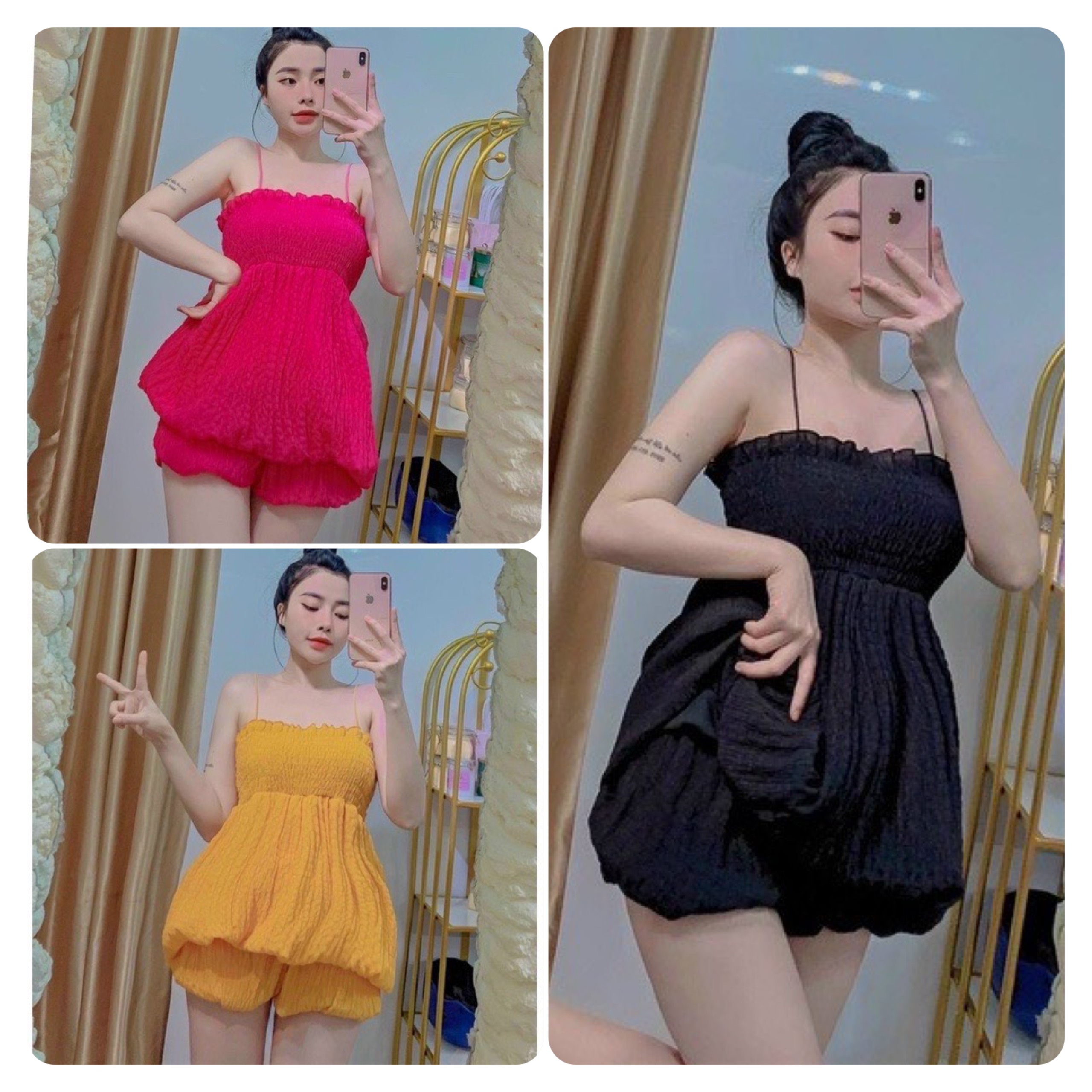 Set bộ đồ nữ xoè áo dây nhúng bo chun + quần tôn dáng tiểu thư