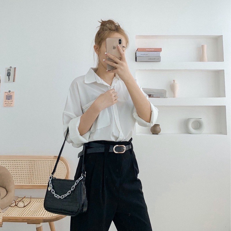 Áo Sơ Mi Lụa Chỉ Nổi Chạy Viền ⚡FREESHIP⚡ Áo SơMi Nữ Dài Tay 2 Màu