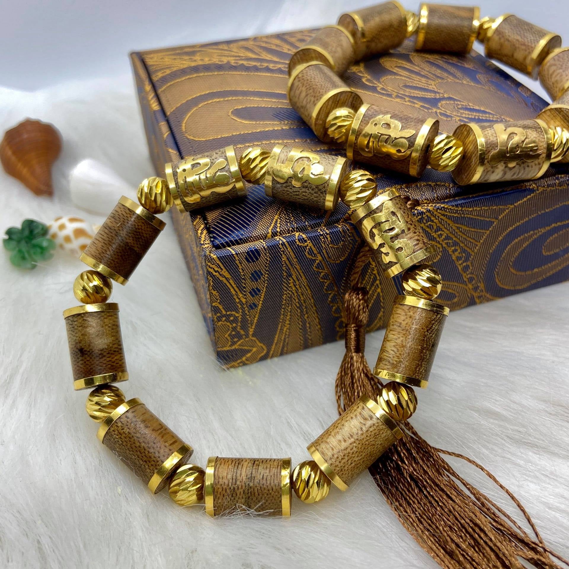 Vòng Trầm Hương tốc banh bọc vàng non cao cấp cho Nam