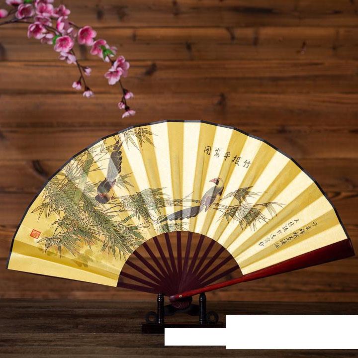 Quạt cổ phong cảnh 31cm TRÚC BÁO BÌNH AN nam nữ nan dài in họa tiết đẹp phong cách cổ trang cosplay