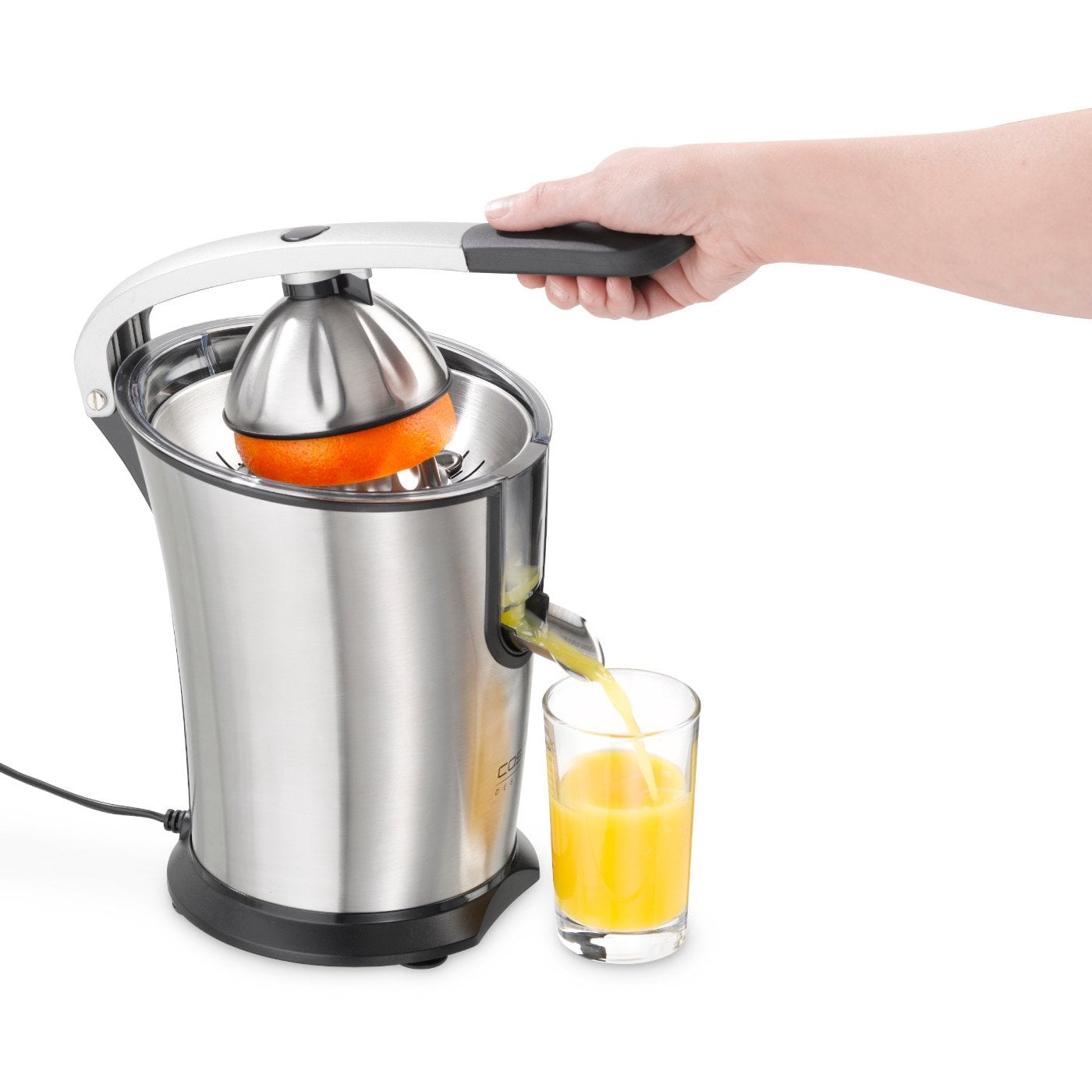 Máy vắt cam Caso CP 330 Pro, được thiết kế với vỏ bằng thép không gỉ, ép được các loại trái cây phổ biến từ chanh đến bưởi, màu bạc, công suất 160W