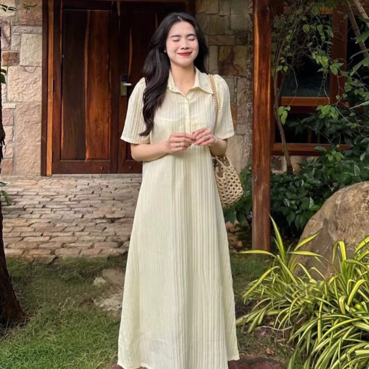 Váy suông cổ polo cộc tay đũi gân dáng xòe, đầm suông cổ sơ mi chất đũi gân ba màu mềm mát xinh xỉu