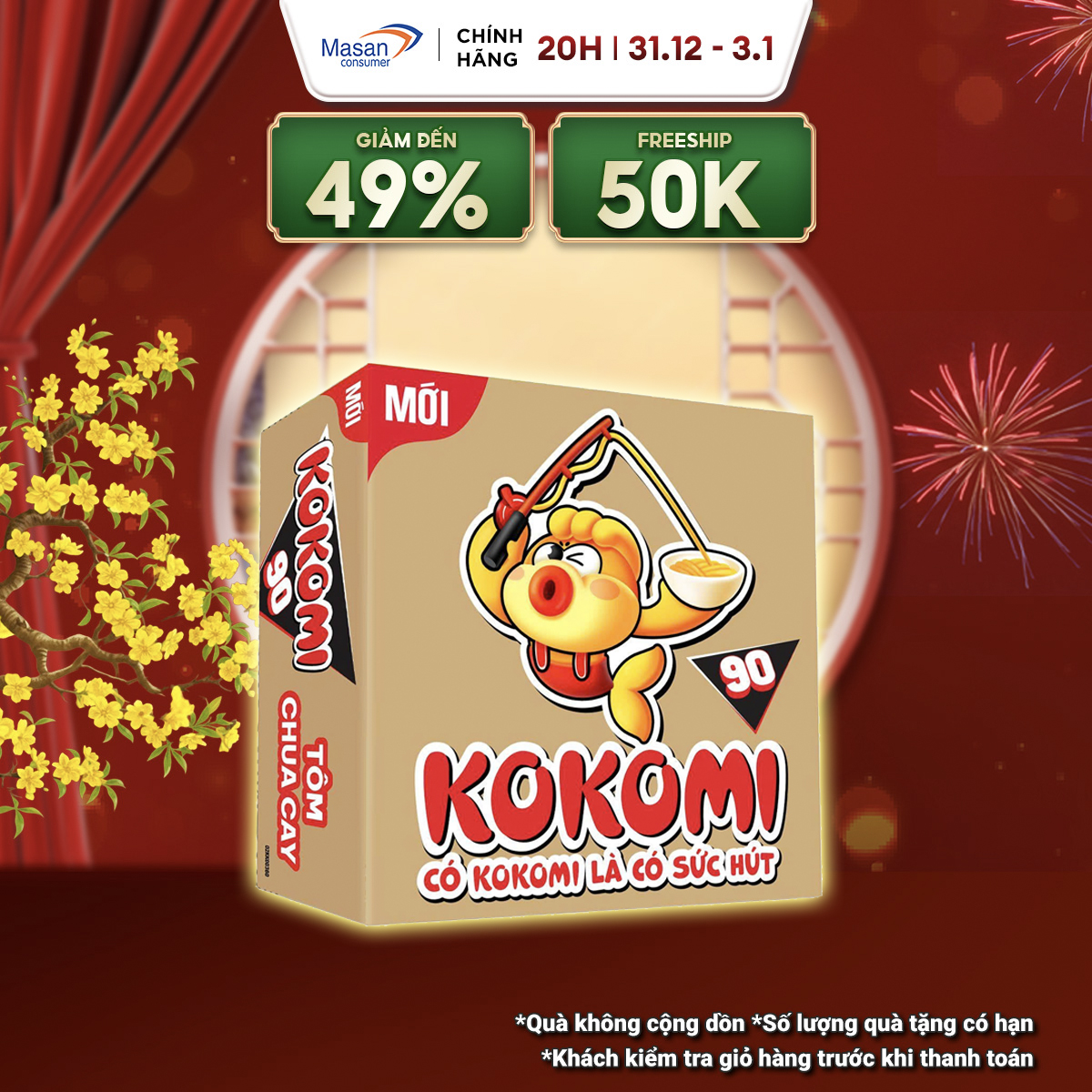   15.12-29.12 Voucher 7% CHO ĐƠN TỪ 99K Mì Kokomi Đại 90 Tôm Chua Cay - Thùng 30 Gói x 90g 