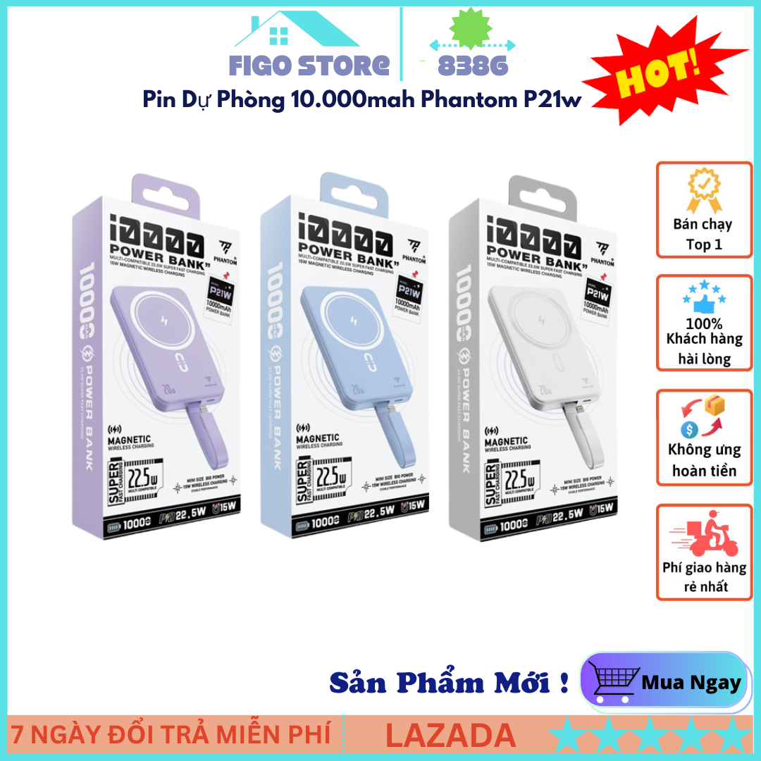 { New 2025 } Pin Dự Phòng Không Dây PHANTOM P21W 10000mAh, Pin Dự Phòng Không Dây Magsafe, Cổng Lightning IN/OUT Có Tích Hợp Cáp Sạc - Magsafe 15W / QC 22.5 / PD 20W (3 màu), Bảo Hành 12 Tháng