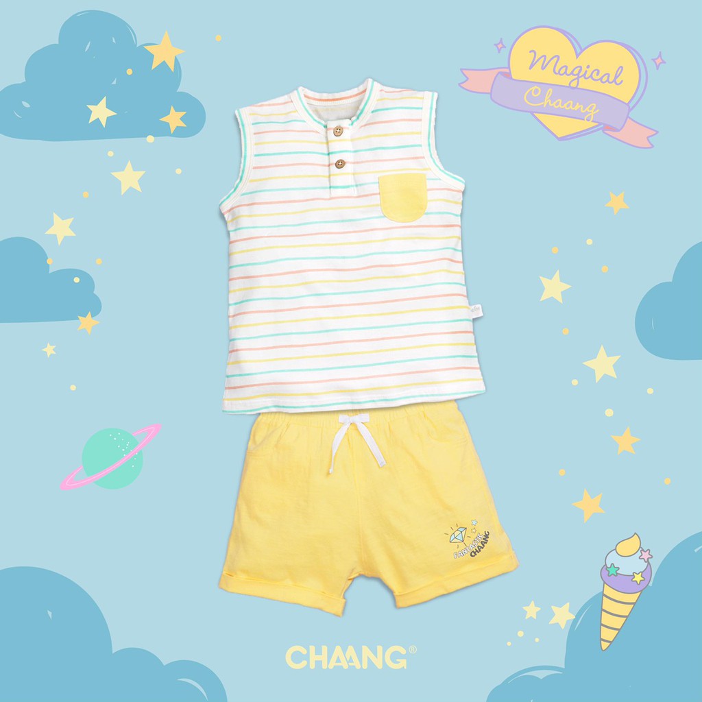 Bộ ba lỗ túi ngực quần đùi kẻ vàng magical Chaang