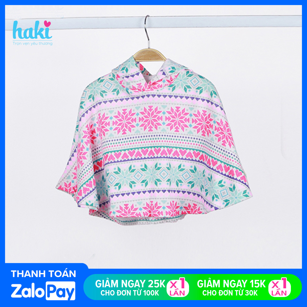 Áo choàng cho bé gái Poncho, áo choàng thu đông có mũ cho bé, họa tiết bông tuyết siêu yêu HAKI HK001 (10-26kg); áo bé gái