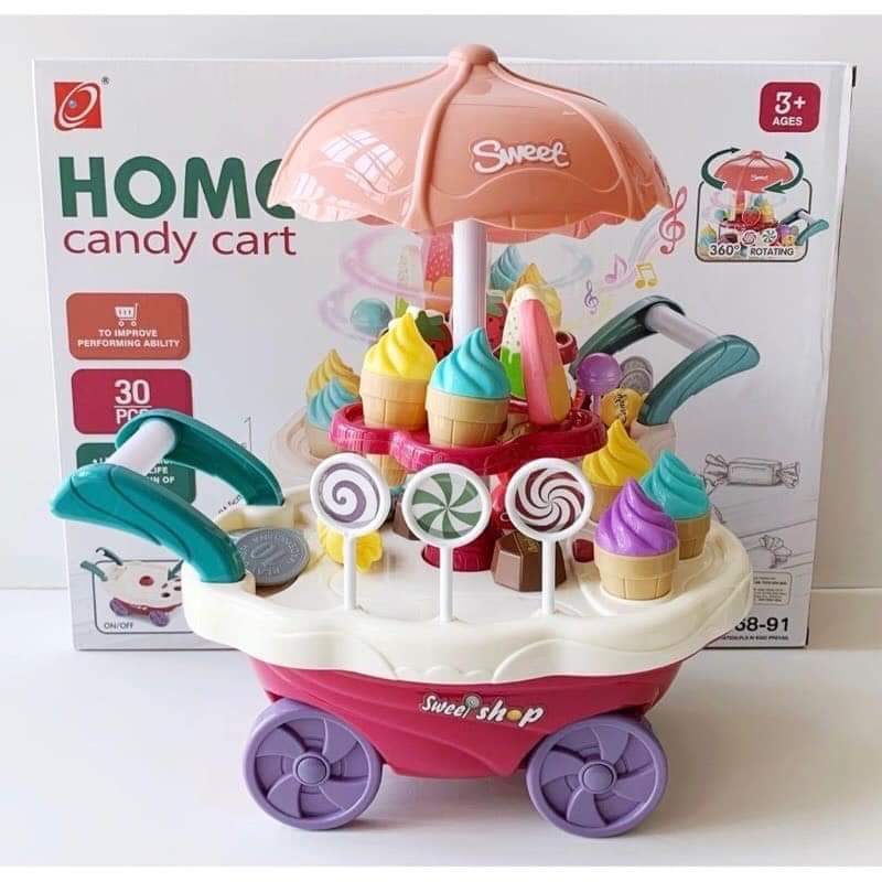 Đồ Chơi Xe đẩy kem, xe bán kem cho bé có đèn nhạc 2 tầng