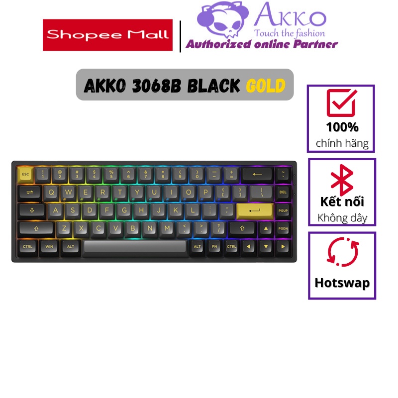 Bàn phím cơ AKKO 3068B Multi-modes Black Gold (Bluetooth 5.0 / Wireless 2.4Ghz / Hotswap / Foam tiêu âm)