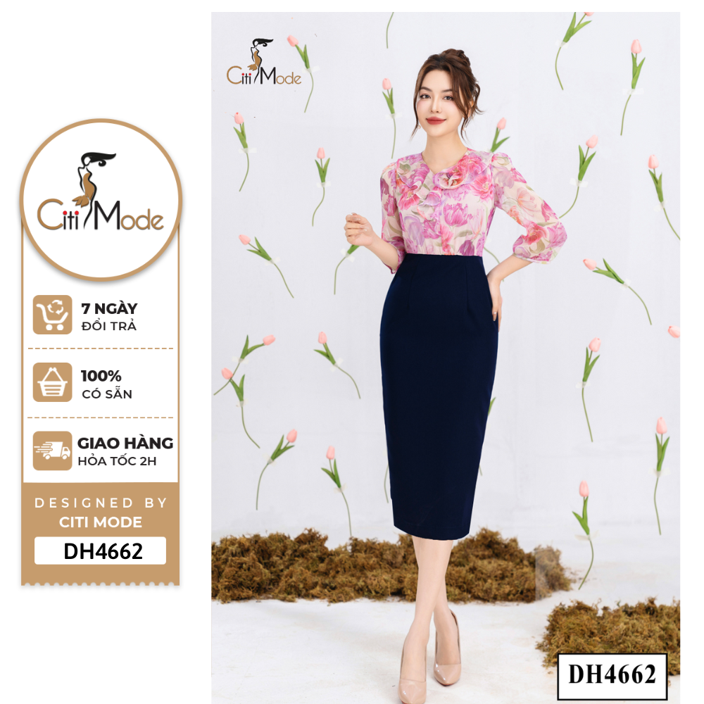 Đầm công sở citi mode fashion thiết kế dáng ôm hoa hồng phối chân váy xanh than dh4662