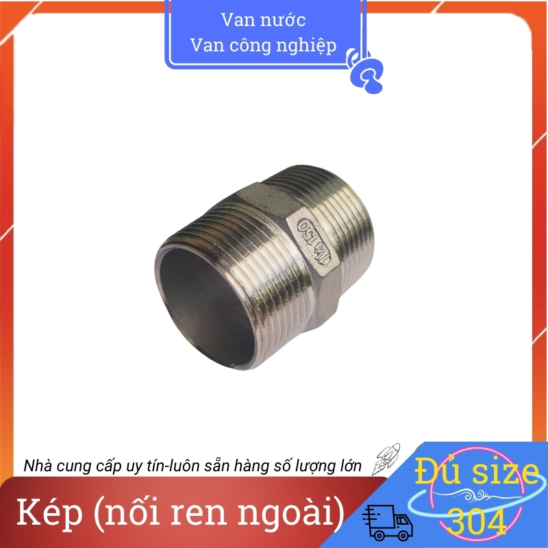 Kép inox 304 phi 42 nối thẳng lục giác ren ngoài hai đầu chất liệu bằng thép không gỉ
