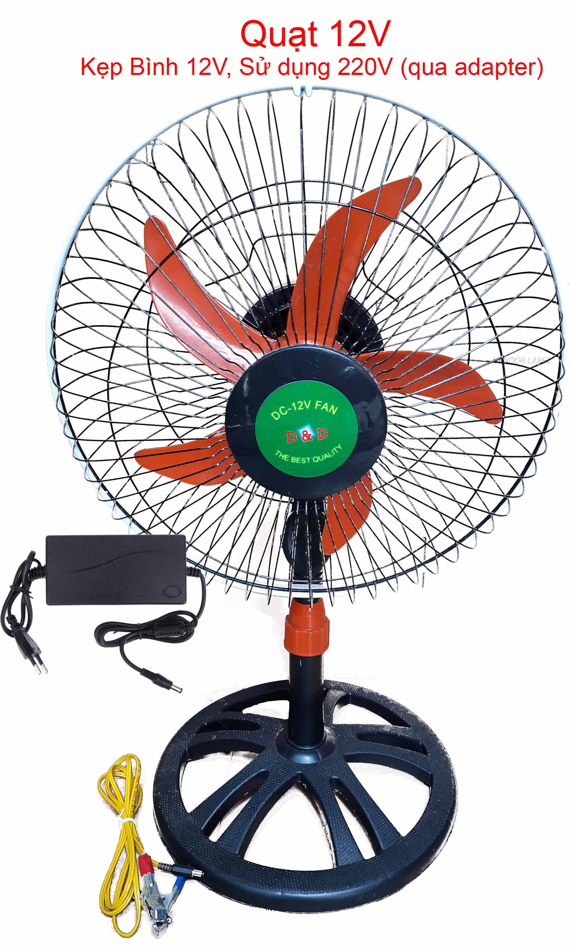 Quạt vừa xài bình 12V, vừa xài điện 220V, có 3 tốc độ gió. Công nghiệp B3. Chạy trực tiếp NLMT.