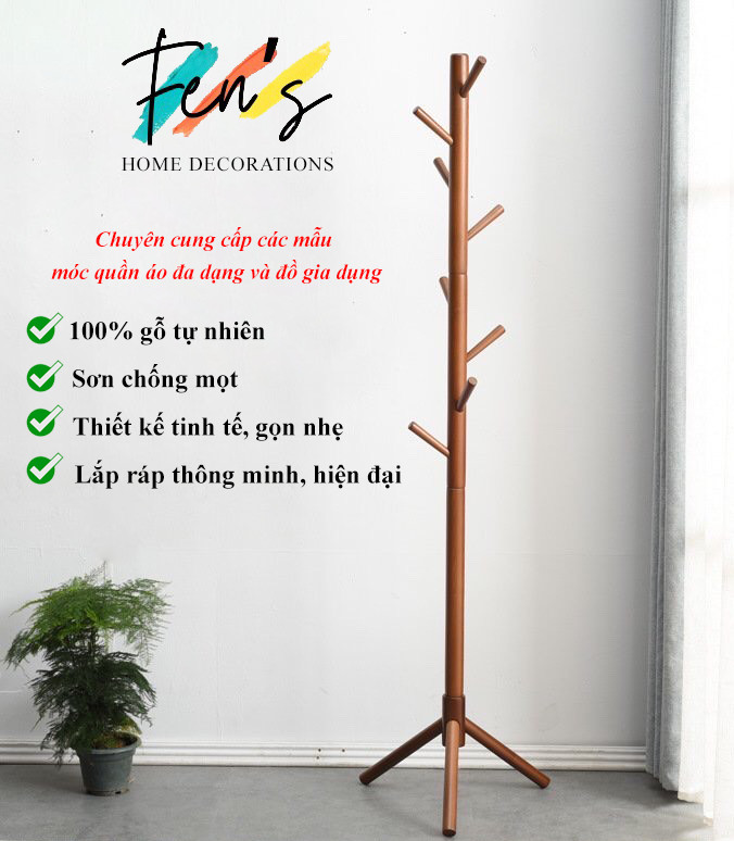 Móc áo gỗ đứng 3 chân 8 nhánh 100% nội thất gỗ tự nhiên -cn001