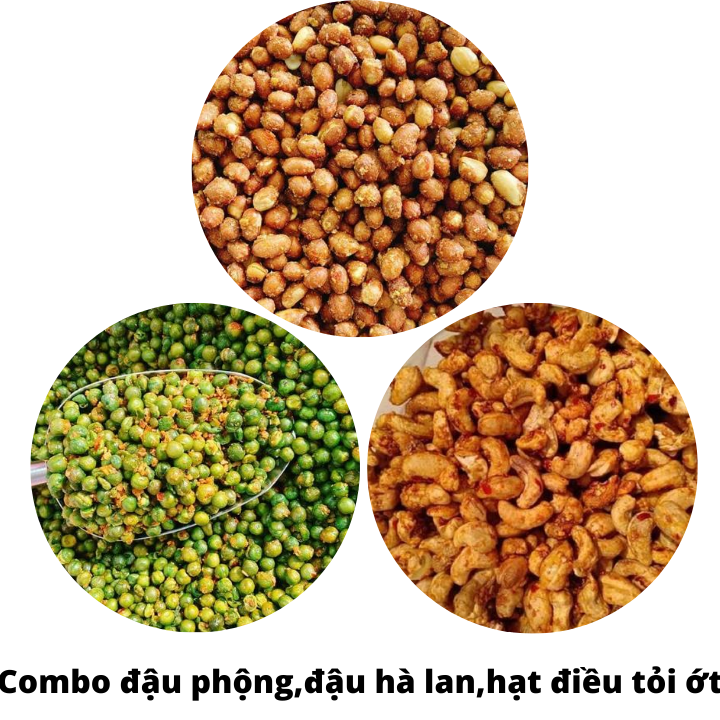 Combo 300g đậu phộng, đậu hà lan, hạt điều rang tỏi ớt (100g/ mỗi loại)