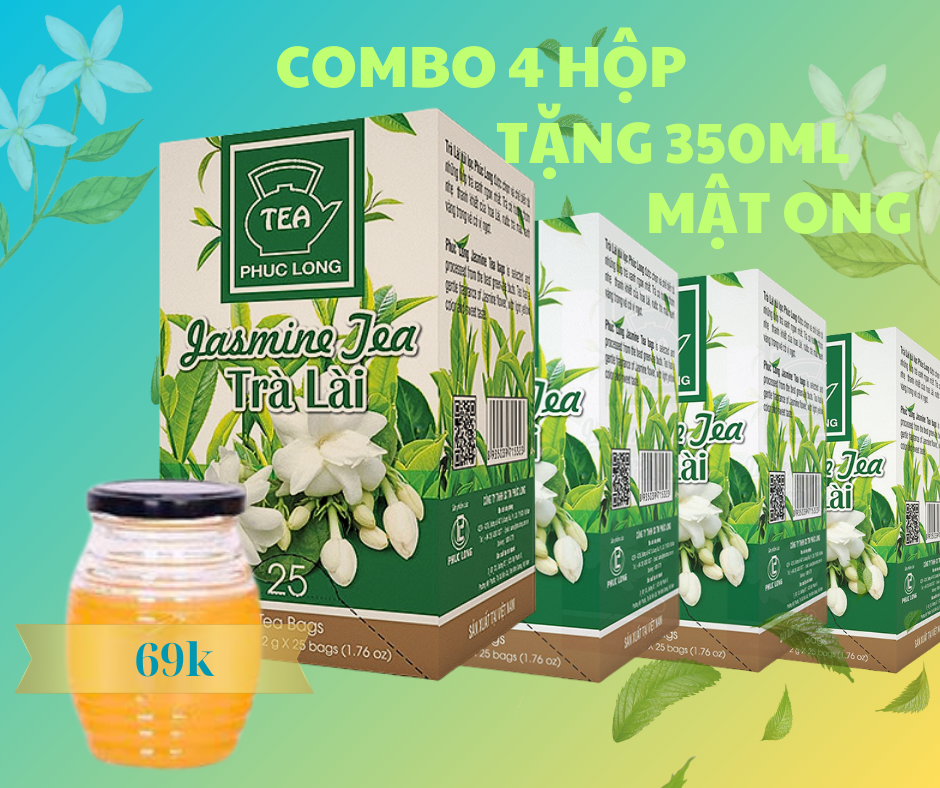 Combo 4 Hộp trà lài tea Phúc Long 25 túi lọc * 2 gram (tặng 350ml mật ong nguyên chất cùng lọ đựng thủy tinh)
