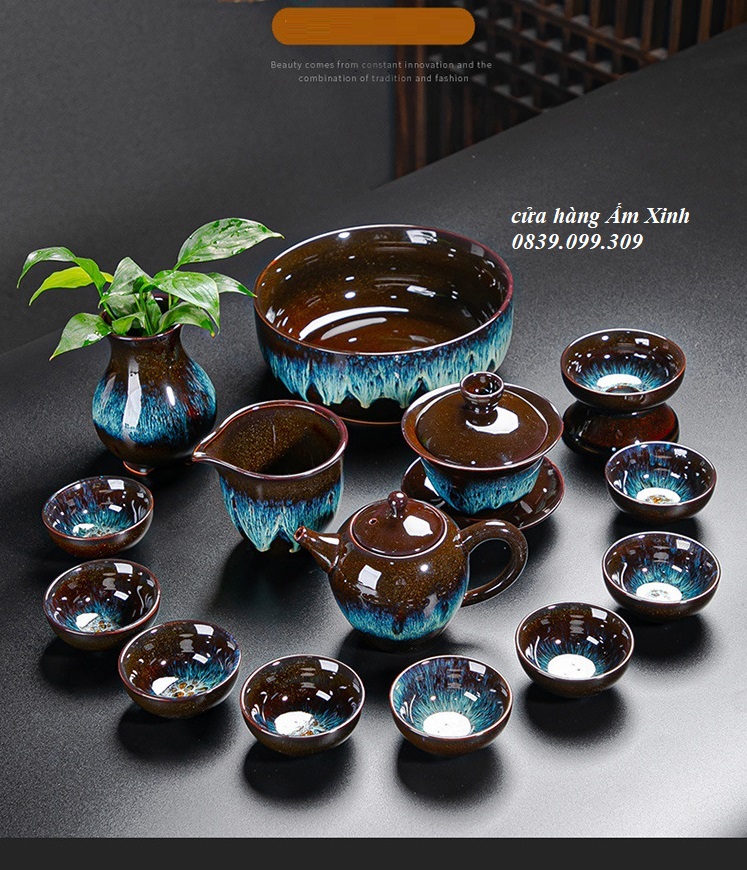 Bộ ấm chén pha trà đạo men thiên mục Lông thỏ
