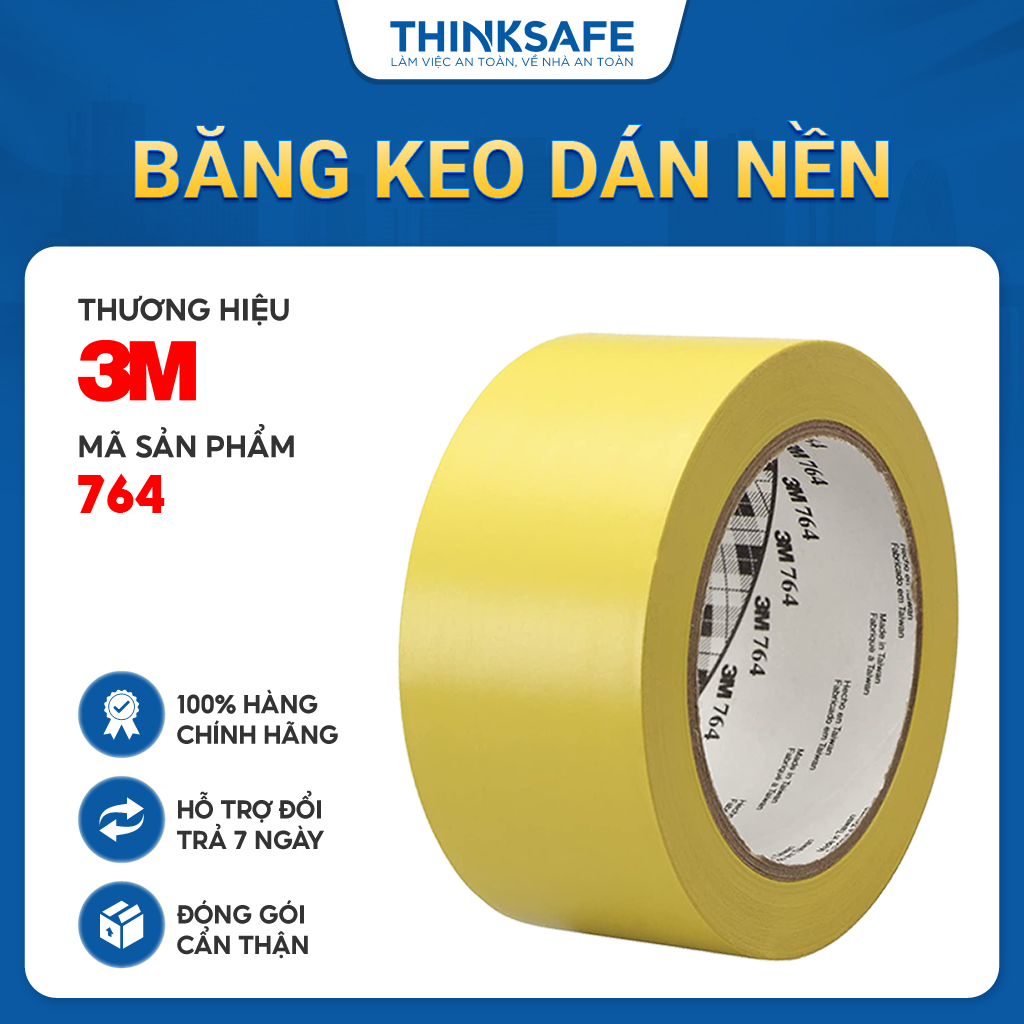 Băng keo dán nền 3M 764 cảnh báo chuyên dùng dán cảnh báo phân ô phân làn cảnh báo nhà xưởng tủ điện (Màu Vàng 50mm X 329m) - Thinksafe