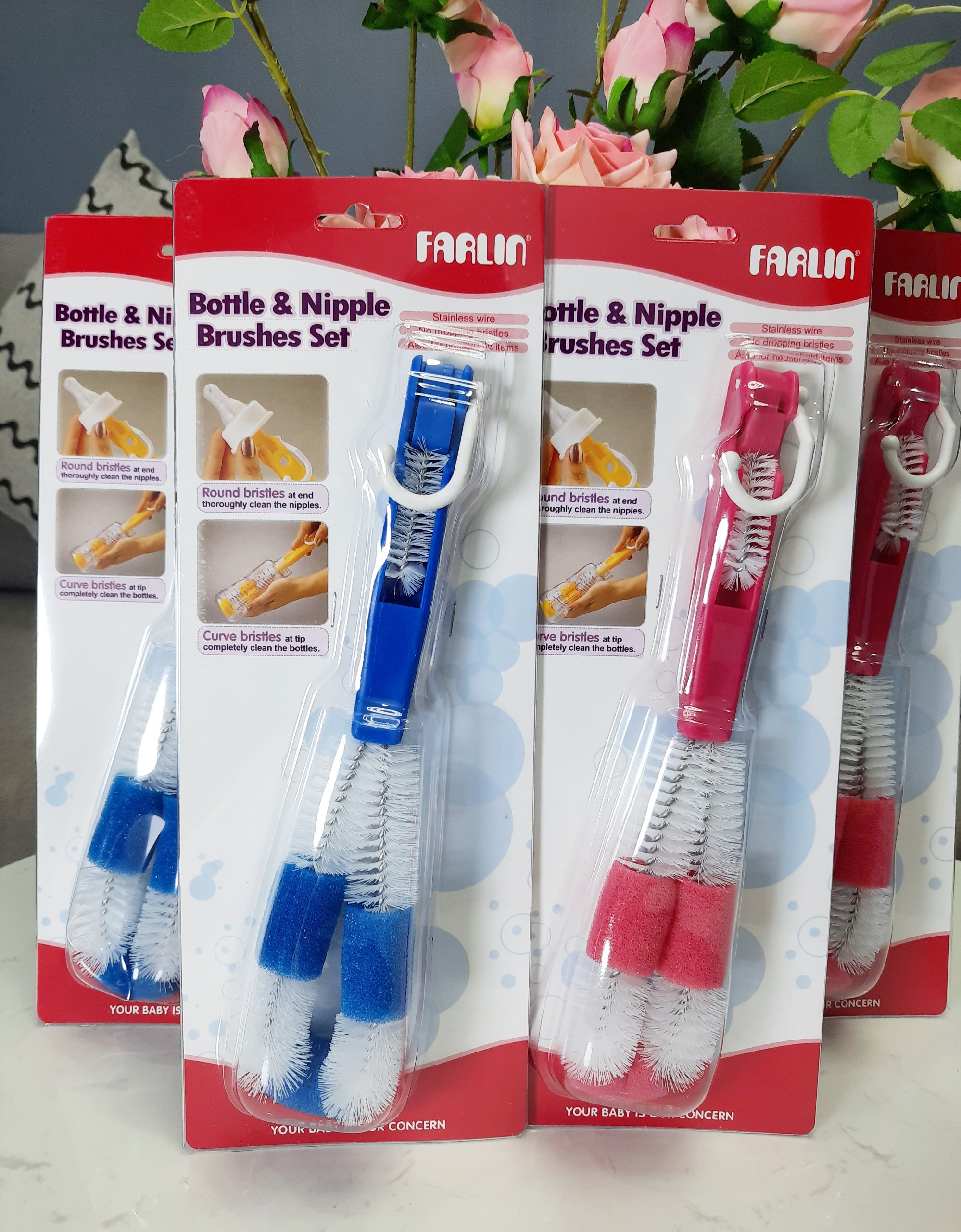 Bàn chải cọ bình sữa và núm ty hiệu farlin - cọ vệ sinh bình sữa