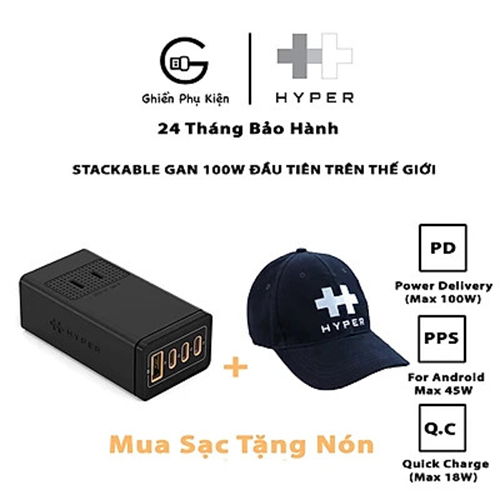 Sạc đa cổng hyperjuice stackable hj417 gan 100w 3c1a pd/pps/qc3.0 version 2022 tặng kèm nón