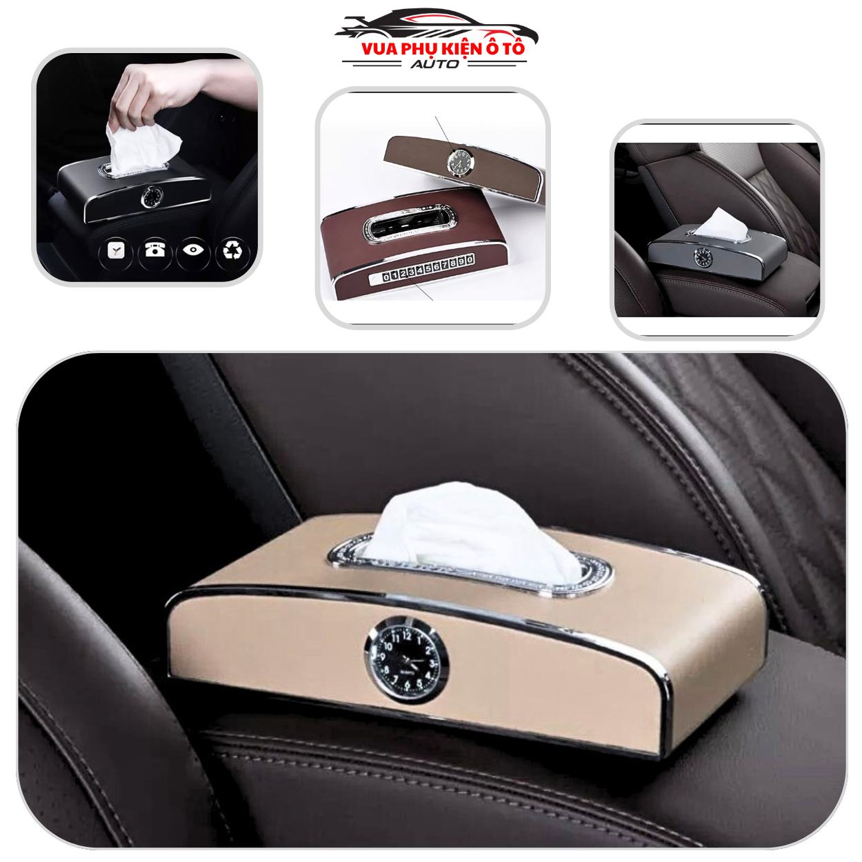 Hộp đựng khăn giấy trên xe ô tô Có Đồng Hồ trang trí xe ô tô
