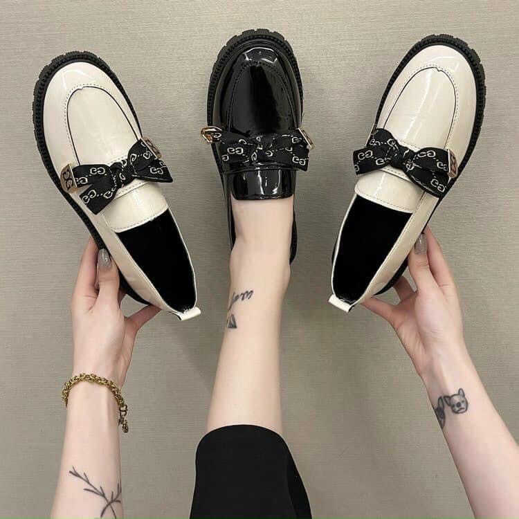 Giày đốc nữ phối nơ họa tiết đế 3 phân phong cách Hàn quốc lên chân cực xinh