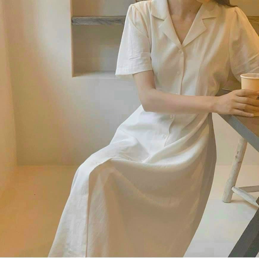 Đầm maxi sơ mi trắng cổ vest thanh lịch