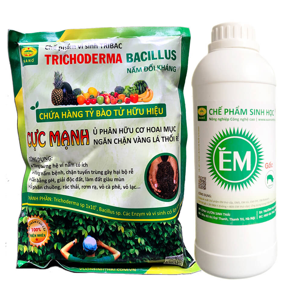 COMBO Chế phẩm EM gốc (1L) và Nấm đối kháng Trichoderma TRIBAC (1Kg). Ủ phân cá, rác bã hữu cơ hoai mục không mùi hôi. Ngăn chăn nấm bệnh gây thối rễ vàng lá. HSD 2 năm